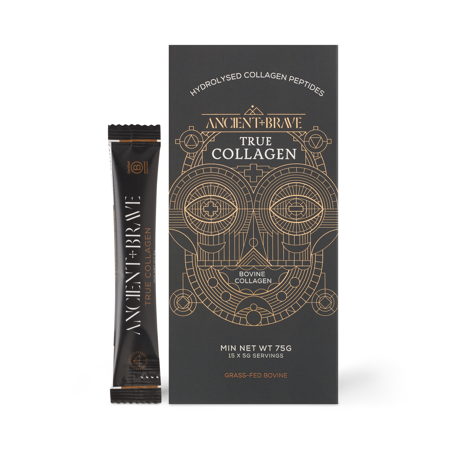 true collagen sachet by Ancient + Brave featured in a black box with gold lettering and image