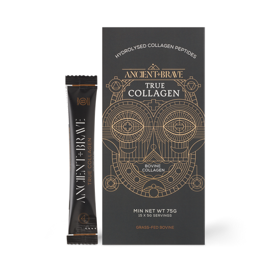 true collagen sachet by Ancient + Brave featured in a black box with gold lettering and image