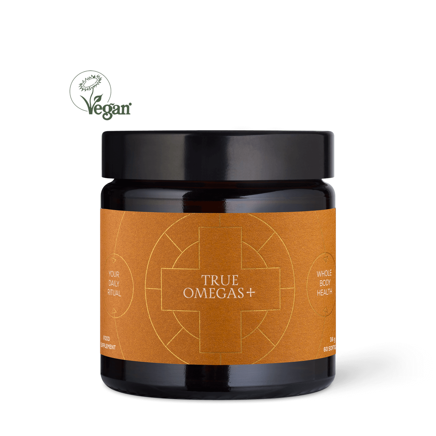 A jar of True Omegas+ supplement with a label featuring a sun and rays design, predominantly in orange and white colors.